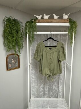 Talbots Olive Green 100% Linen Tie Hem Blouse Puff Sleeve Square Neck Top Sz M